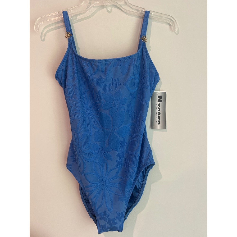 Nygard Collection NWT Blue Floral Jacquard One Piece Swimsuit Gold  Accents 8